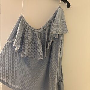 LOFT Blue Striped Ruffle Blouse